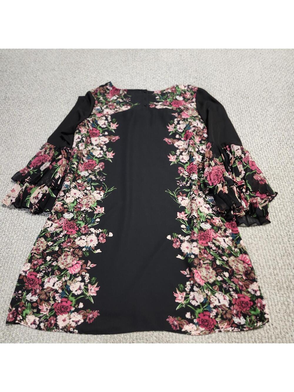INC International Concepts Black Floral Bell Sleeve Dress Size 18